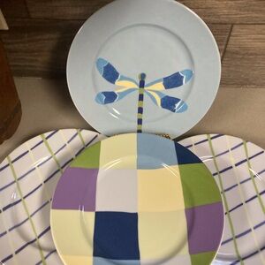 Pottery Barn Colorful Dragonfly and Plaid Plates Set